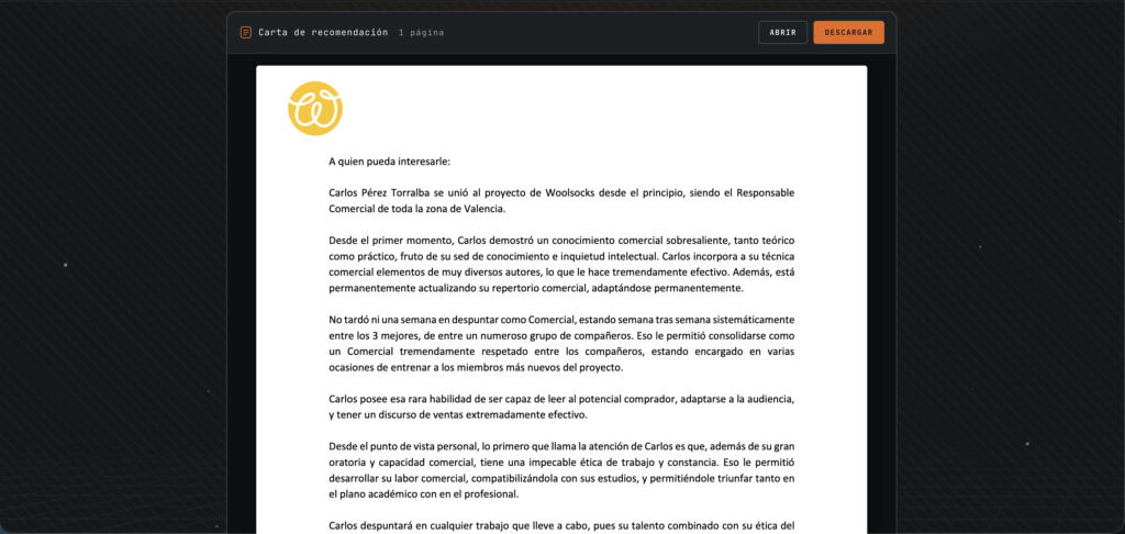 Carta de recomendación – Woolsocks